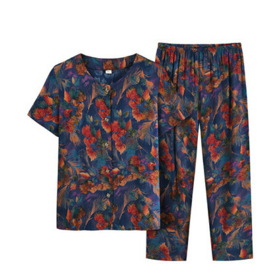 Summer middle-aged and elderly cotton pajama set (blue maple leaf) [Size: XL-4XL] [Contact customer service to confirm the shipping size after placing an order]