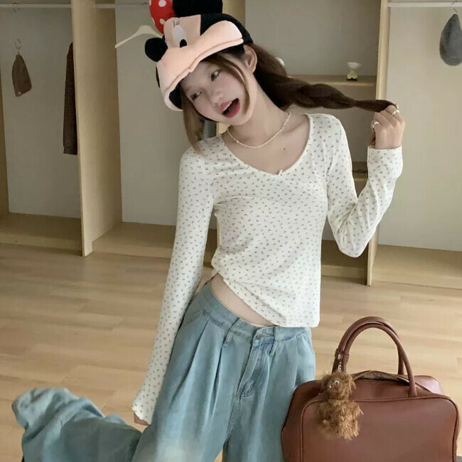 Hot selling floral bow long-sleeved T-shirt (one size fits all) (floral small bow T)