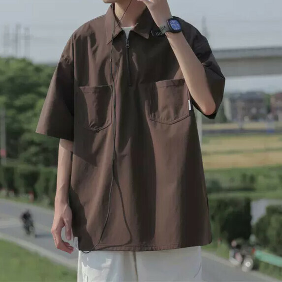 Half-zippered lapel T-shirt men's summer (brown [size M_2XL] (contact customer service to confirm the shipping size after placing an order)