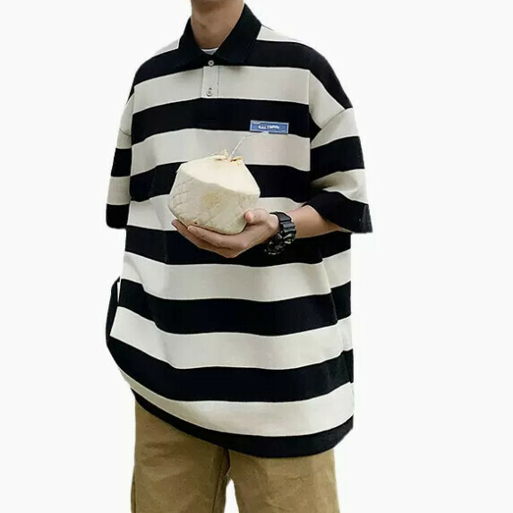 Striped lapel short sleeve men's summer (black [size M_2XL] (contact customer service to confirm the shipping size after placing an order)