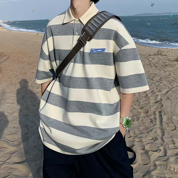 Striped lapel short sleeve men's summer (gray [size M_2XL] (contact customer service to confirm the shipping size after placing an order)