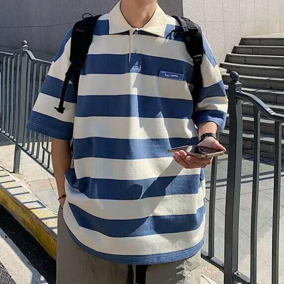 Striped lapel short sleeve men's summer (blue [size M_2XL] (contact customer service to confirm the shipping size after placing an order)