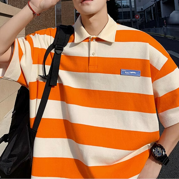 Striped lapel short sleeve men's summer (orange [size M_2XL] (contact customer service to confirm the shipping size after placing an order) ju