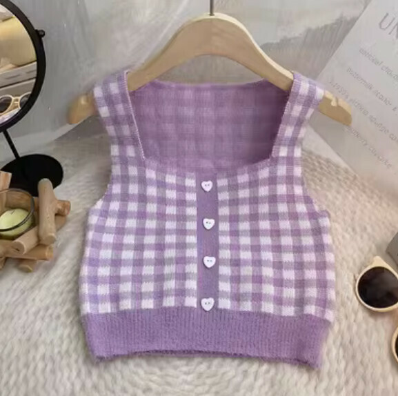 Autumn Love Single-breasted Color-Blocked Plaid Knitted Vest (Purple) [One Size]