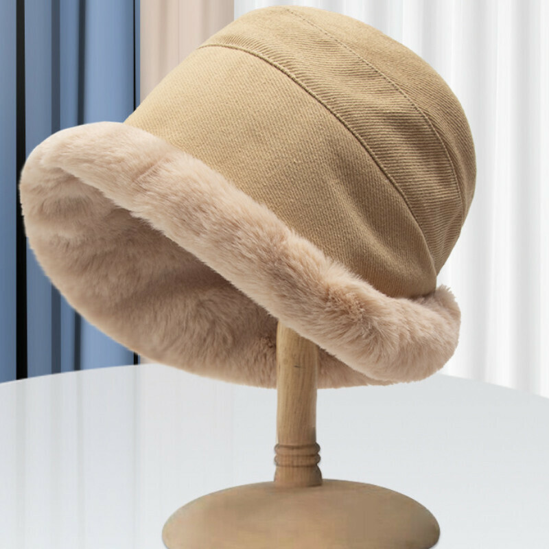 Hot selling velvet thickened wide brim warm rolled edge basin hat [E-313 khaki plush rolled edge bucket hat] [one size fits all]