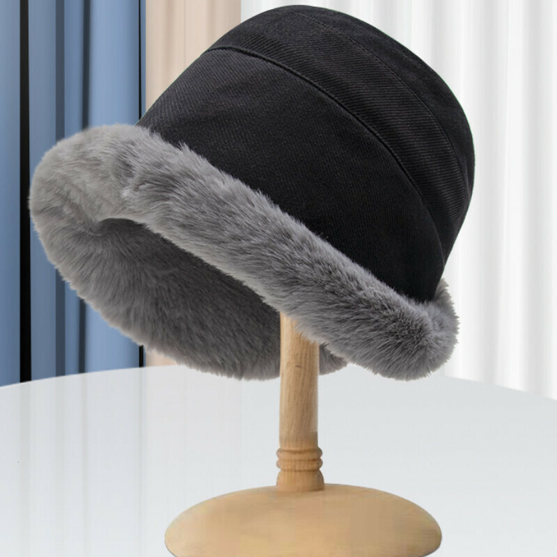 Hot selling velvet thickened wide brim warm rolled edge basin hat [E-313 black plush rolled edge bucket hat] [one size fits all]