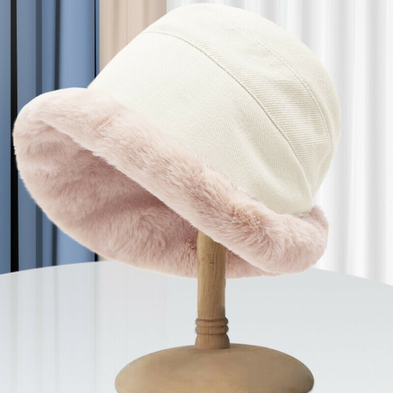 Hot selling velvet thickened wide brim warm rolled edge basin hat [E-313 rice white plush rolled edge bucket hat] [one size fits all]