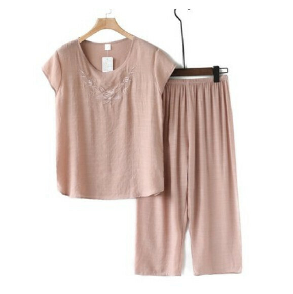 Summer middle-aged and elderly cotton and linen set (embroidery set - camel color) [size: XL-4XL] [Contact customer service to confirm the shipping size after placing an order]