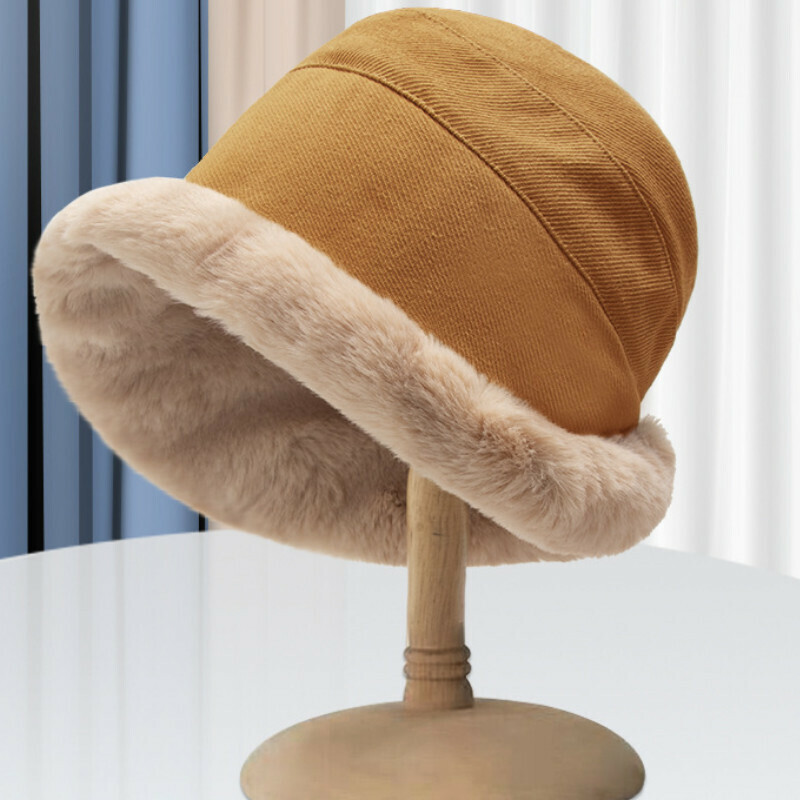 Hot selling velvet thickened wide brim warm rolled edge basin hat [E-313 ginger plush rolled edge bucket hat] [one size fits all]
