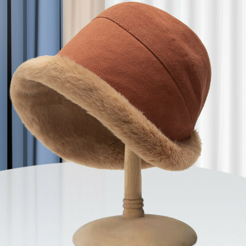 Hot selling velvet thickened wide brim warm rolled edge basin hat [E-313 rust red plush rolled edge bucket hat] [one size fits all]