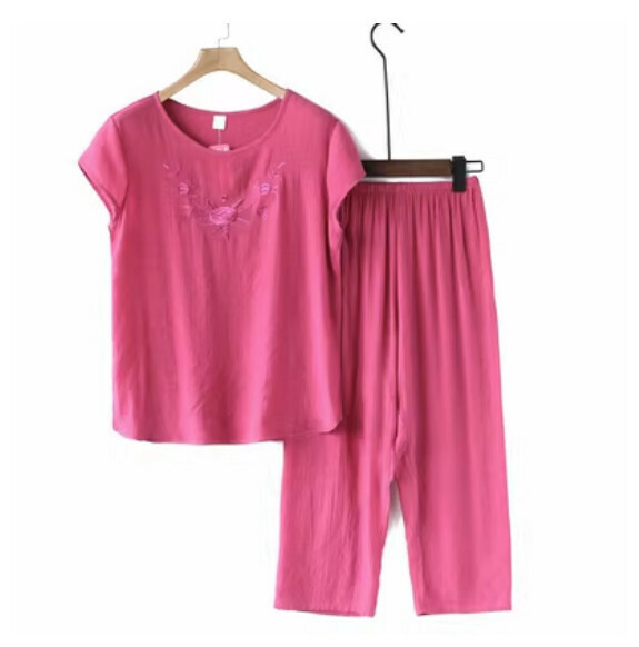 Summer middle-aged and elderly cotton and linen set (embroidery set - red) [size: XL-4XL] [Contact customer service to confirm the shipping size after placing an order]