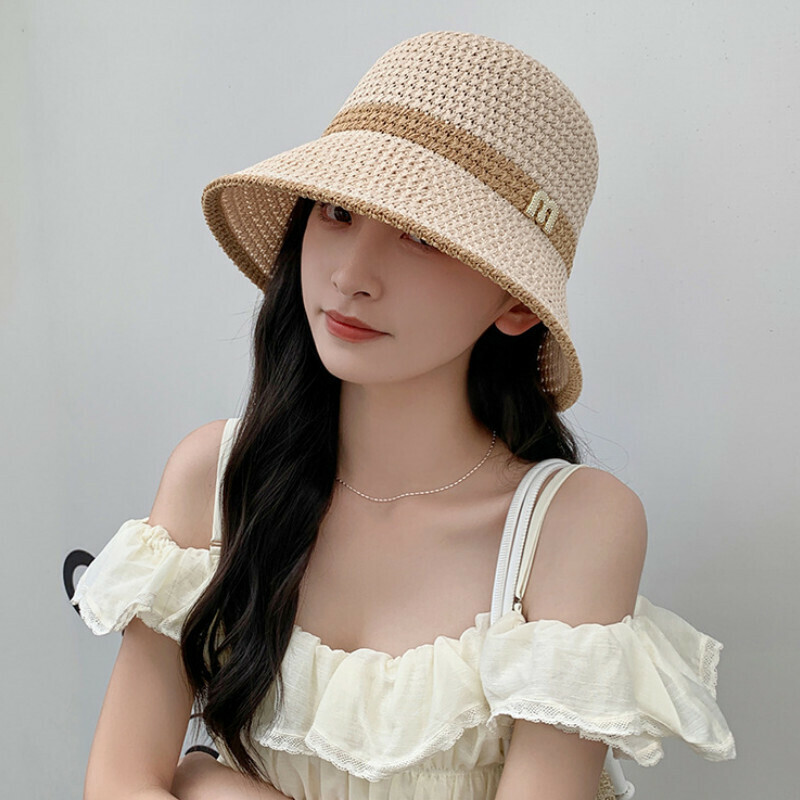 Hot selling large head circumference bucket sun protection hat [D-257CHT beige M mark bucket straw hat] [one size fits all]