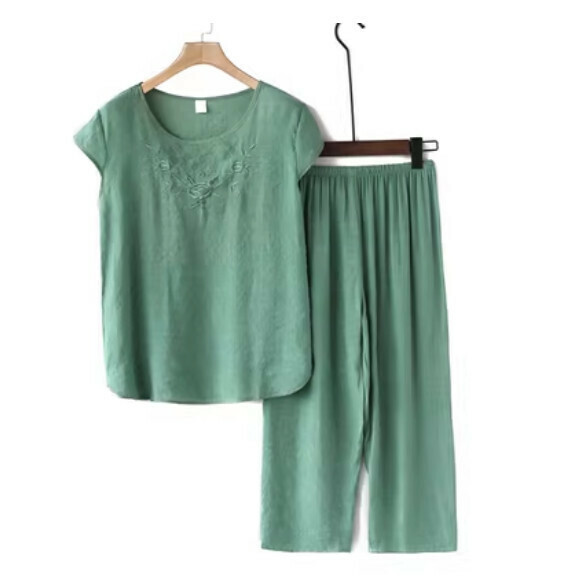 Summer middle-aged and elderly cotton and linen set (embroidery set - green) [size: XL-4XL] [Contact customer service to confirm the shipping size after placing an order]