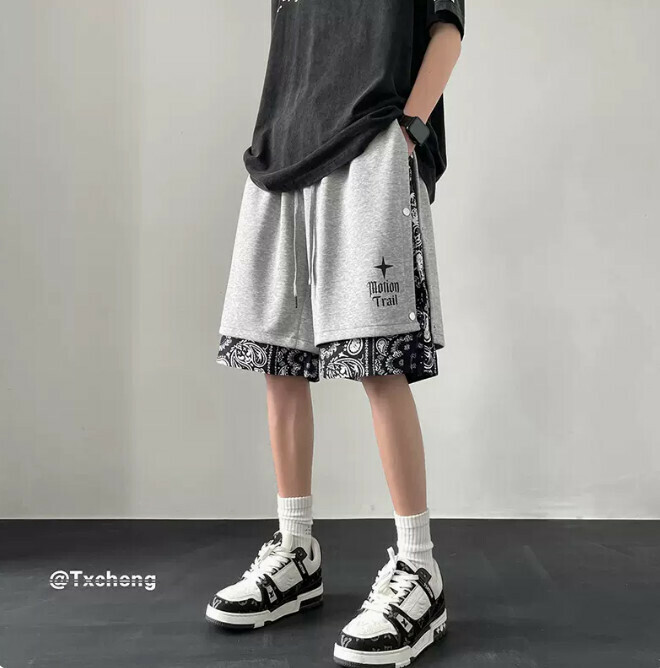 爆款假兩件排扣短褲（灰色M-5XL）（下單后聯繫客服確認發貨尺碼）
