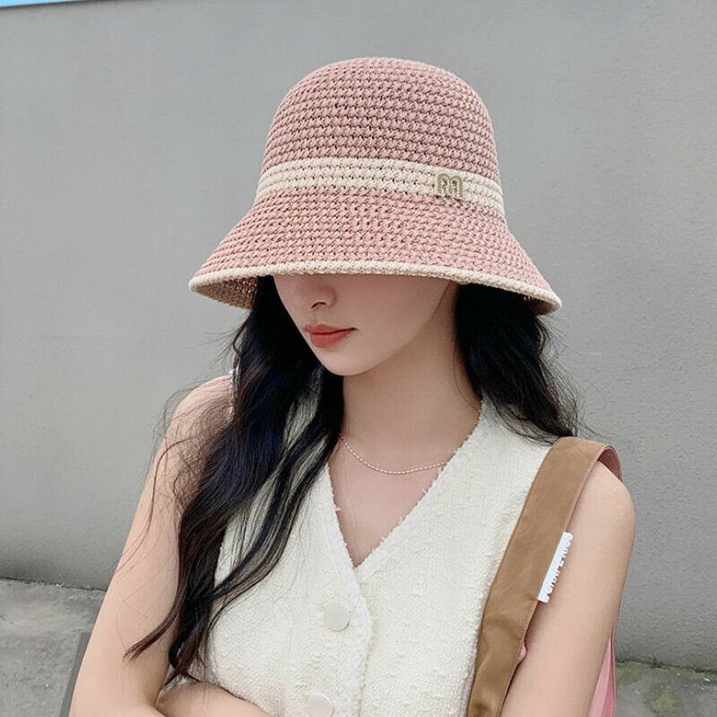 Hot selling large head circumference bucket sun protection hat [D-257CHT pink M mark bucket straw hat] [one size fits all]