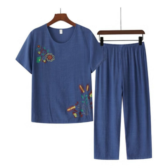 Summer middle-aged and elderly cotton and linen set (blue) [Size: XL-4XL] [Contact customer service to confirm the shipping size after placing an order]