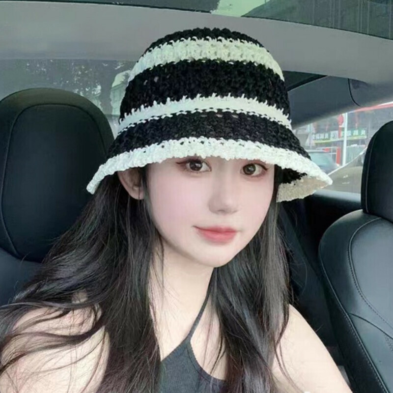 Hot selling large head circumference bucket sun protection hat [D-259CHT black striped bucket straw hat] [one size fits all]