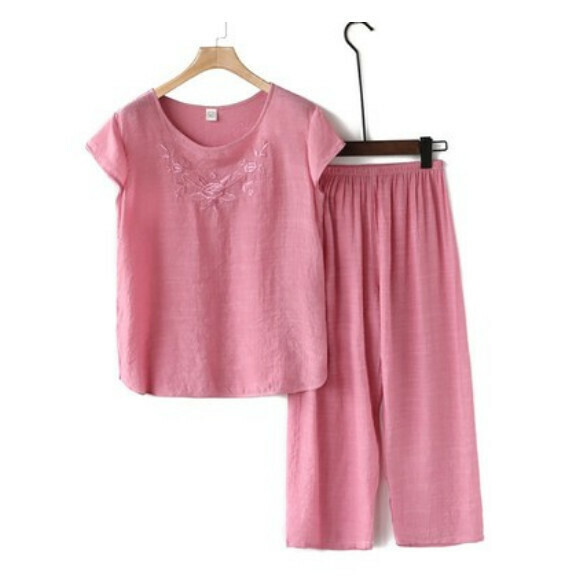 Summer middle-aged and elderly cotton and linen suit (embroidery suit - pink) [size: XL-4XL] [Contact customer service to confirm the shipping size after placing an order