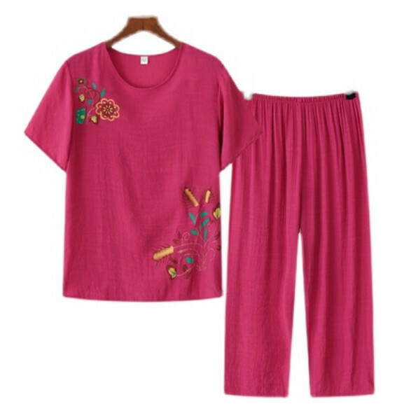 Summer middle-aged and elderly cotton and linen set (red) [Size: XL-4XL] [Contact customer service to confirm the shipping size after placing an order]