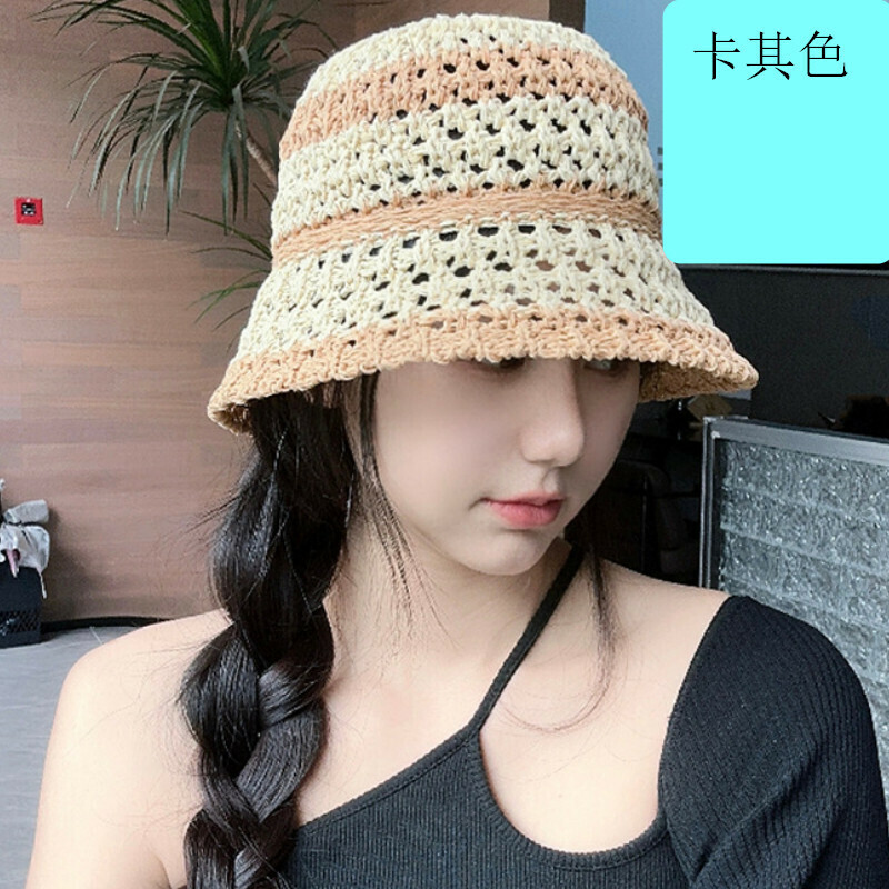 Hot selling large head circumference bucket sun protection hat [D-259CHT khaki striped bucket straw hat] [one size fits all]