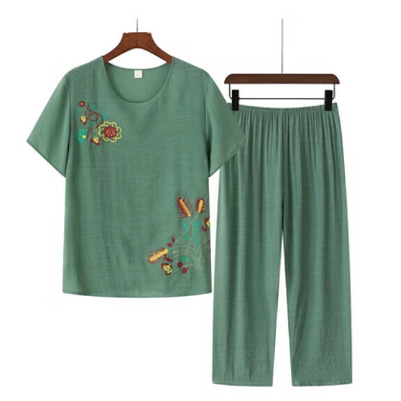 Summer middle-aged and elderly cotton and linen set (green) [Size: XL-4XL] [Contact customer service to confirm the shipping size after placing an order]