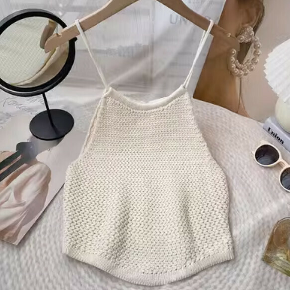 Lace-up knitted vest with open back (white) [one size]