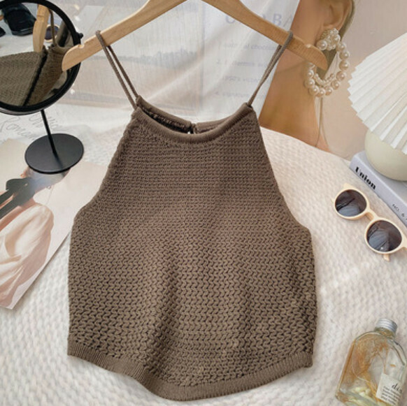 Open Back Lace-up Knit Vest (Khaki) [One Size]