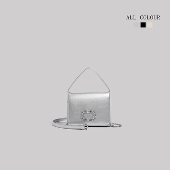 熱賣時尚鑲鉆手提小方包鏈條斜挎包【銀色】【尺寸：20cm*8cm*16cm】