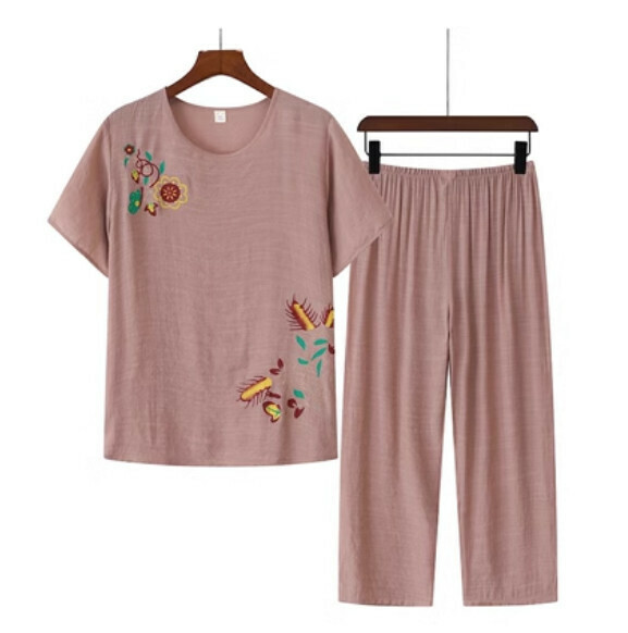 Summer middle-aged and elderly cotton and linen set (pink) [Size: XL-4XL] [Contact customer service to confirm the shipping size after placing an order]