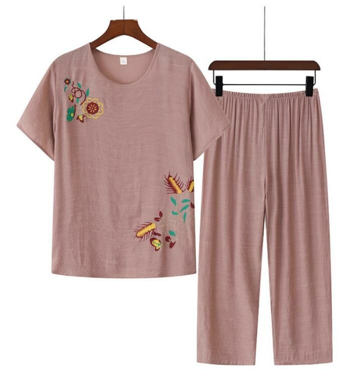 Summer middle-aged and elderly cotton and linen set (camel color) [Size: XL-4XL] [Contact customer service to confirm the shipping size after placing an order]
