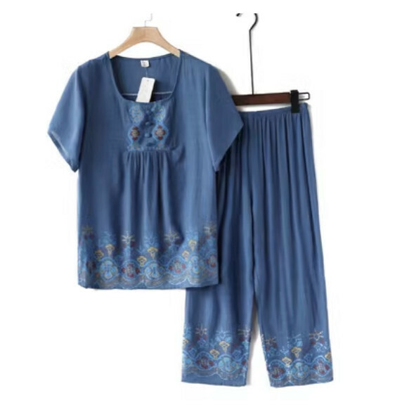 Summer middle-aged and elderly cotton and linen set (A blue) [Size: XL-4XL] [Contact customer service to confirm the shipping size after placing an order]