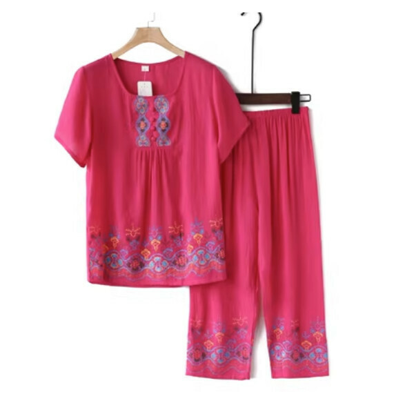 Summer middle-aged and elderly cotton and linen set (A red) [Size: XL-4XL] [Contact customer service to confirm the delivery size after placing an order]