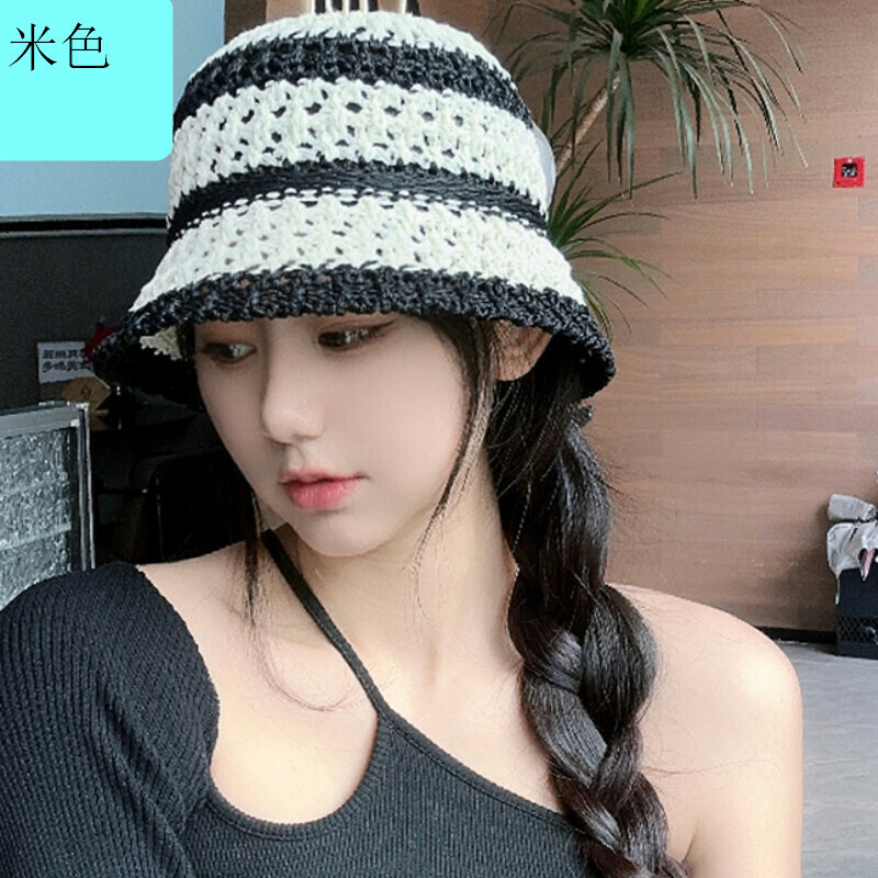 Hot selling large head circumference bucket sun protection hat [D-259CHT beige striped bucket straw hat] [one size fits all]