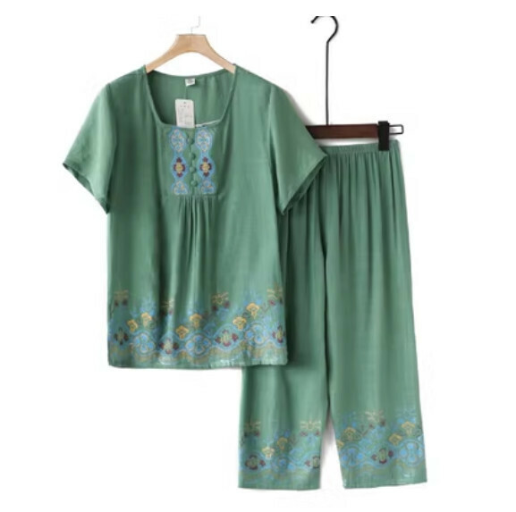 Summer middle-aged and elderly cotton and linen set (A green) [Size: XL-4XL] [Contact customer service to confirm the shipping size after placing an order]