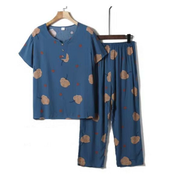 Summer middle-aged and elderly cotton silk suit (simple dark blue leaves) [size: XL-4XL] [Contact customer service to confirm the shipping size after placing an order]