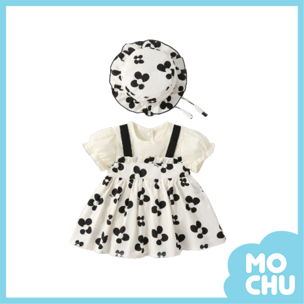 黑色波點花假兩件連衣裙