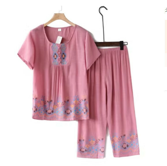 Summer middle-aged and elderly cotton and linen set (A pink) [size: XL-4XL] [Contact customer service to confirm the shipping size after placing an order]