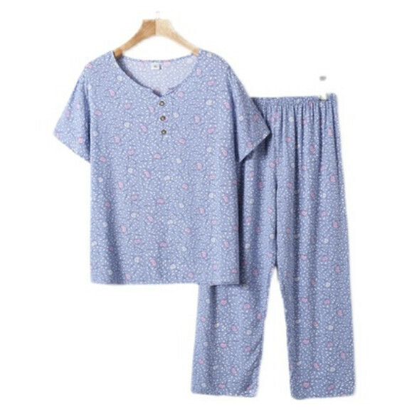 Summer middle-aged and elderly cotton silk suit (light blue small flowers) [size: XL-4XL] [Contact customer service to confirm the shipping size after placing an order]