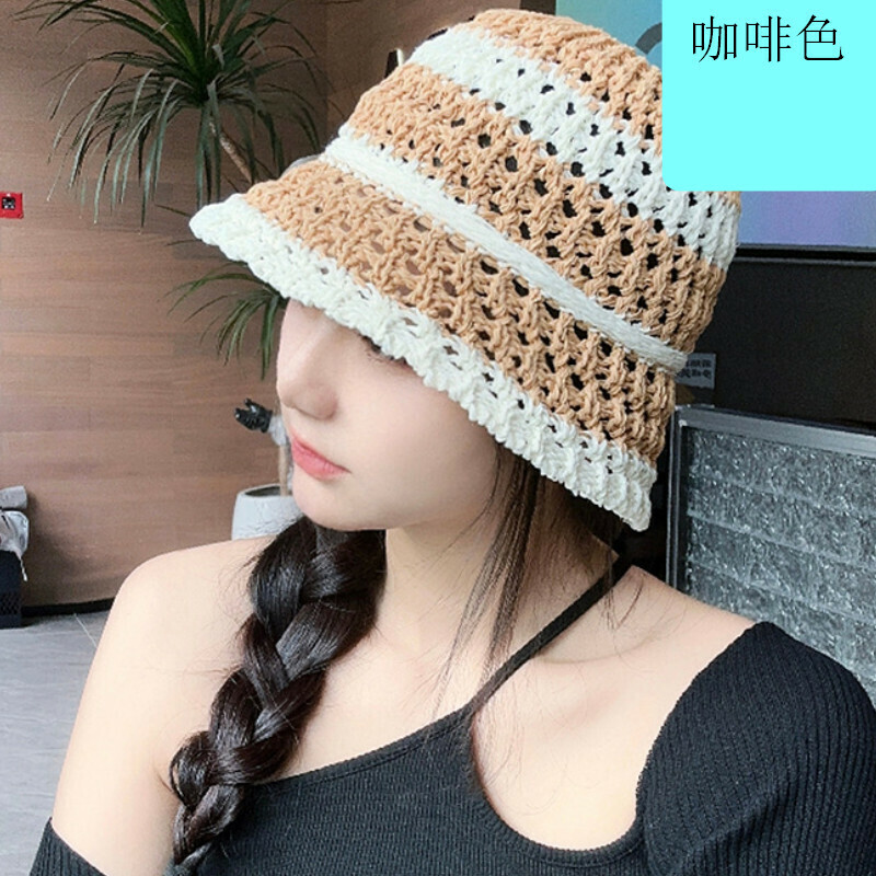 Hot selling large head circumference bucket sun protection hat [D-259CHT brown striped bucket straw hat] [one size fits all]