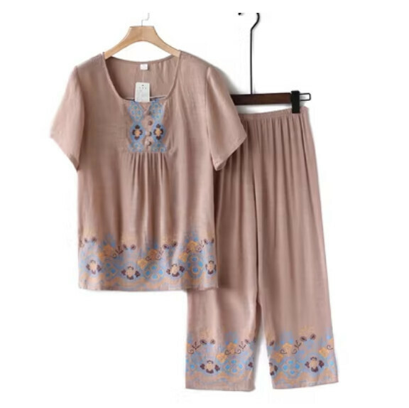 Summer middle-aged and elderly cotton and linen set (A camel color) [Size: XL-4XL] [Contact customer service to confirm the shipping size after placing an order]