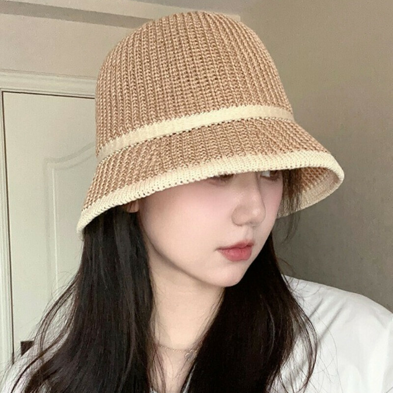 Hot selling large head circumference bucket sun protection hat [D-235CHT khaki striped bucket straw hat] [one size fits all]