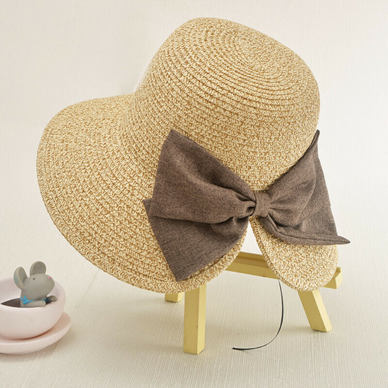 Hot selling sun protection large brim straw hat [slit bow beige D-115]
