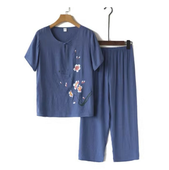 Summer middle-aged and elderly cotton and linen suit (buckle blue) [Size: XL-4XL] [Contact customer service to confirm the delivery size after placing an order]
