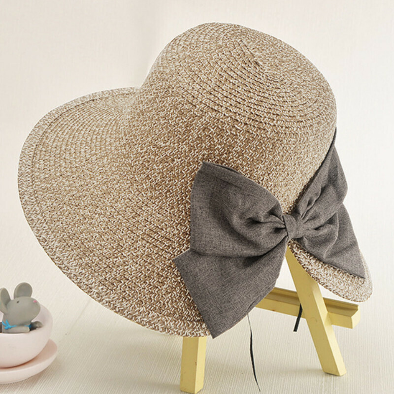 Hot selling sun protection large brim straw hat [slit bow coffee D-115]