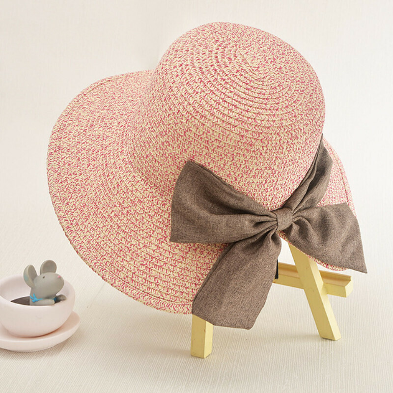 Hot selling sun protection large brim straw hat [slit bow rose red D-115]