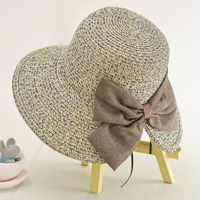 Hot selling sun protection large brim straw hat [slit bow navy blue D-115]