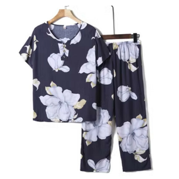 Summer middle-aged and elderly cotton silk suit (dark blue large flower) [size: XL-4XL] [Contact customer service to confirm the shipping size after placing an order]