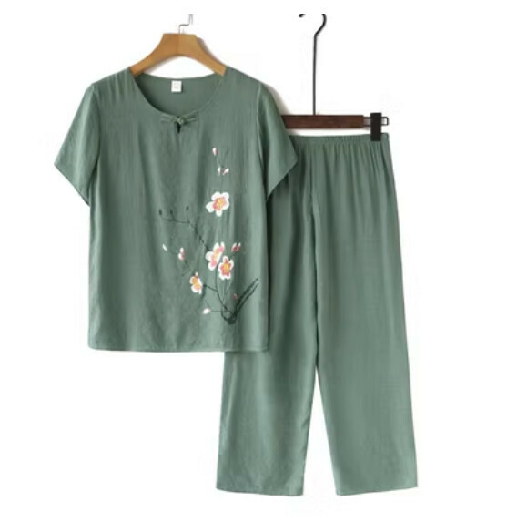 Summer middle-aged and elderly cotton and linen set (disc buckle green) [size: XL-4XL] [Contact customer service to confirm the shipping size after placing an order]