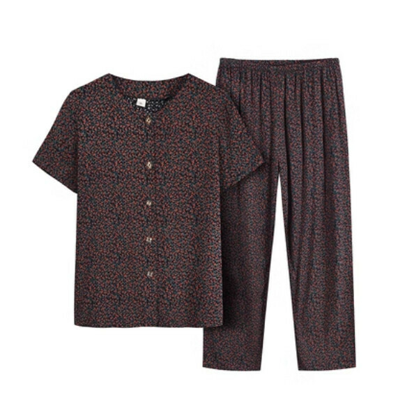 Summer middle-aged and elderly cotton pajama set (dark coffee flowers) [Size: XL-4XL] [Contact customer service to confirm the shipping size after placing an order]