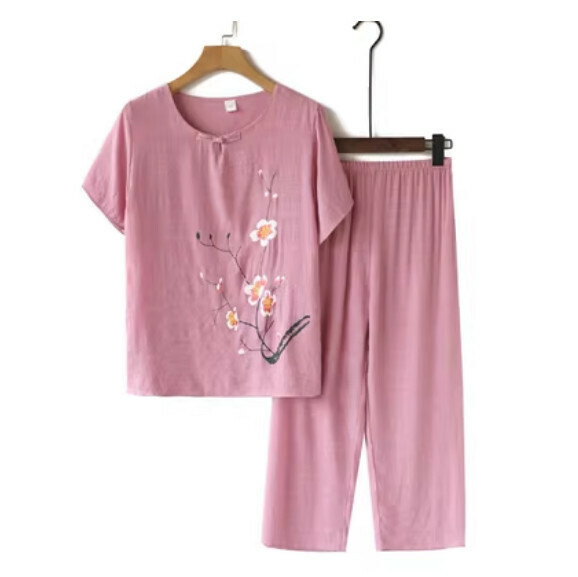 Summer middle-aged and elderly cotton and linen suit (disc buckle pink) [Size: XL-4XL] [Contact customer service to confirm the shipping size after placing an order]